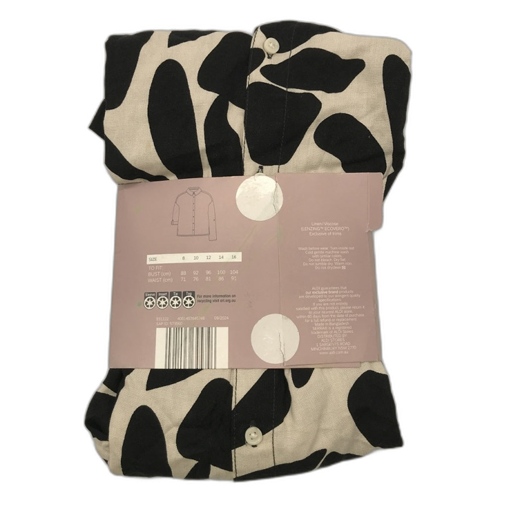 Serra Linen Blend Black Cream Floral Pattern Cuff Sleeve Shirt Ladies NEW
