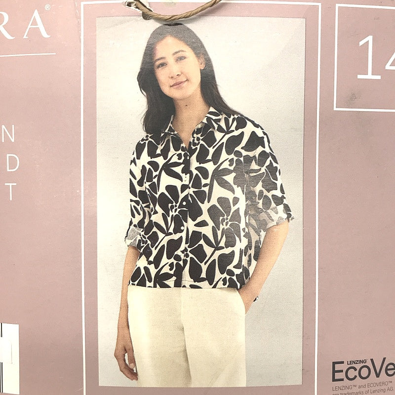 Serra Linen Blend Black Cream Floral Pattern Cuff Sleeve Shirt Ladies NEW