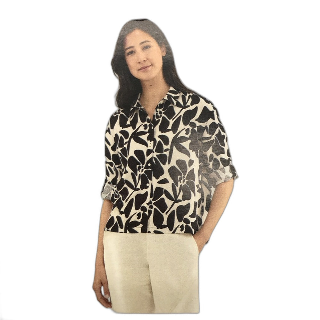 Serra Linen Blend Black Cream Floral Pattern Cuff Sleeve Shirt Ladies NEW