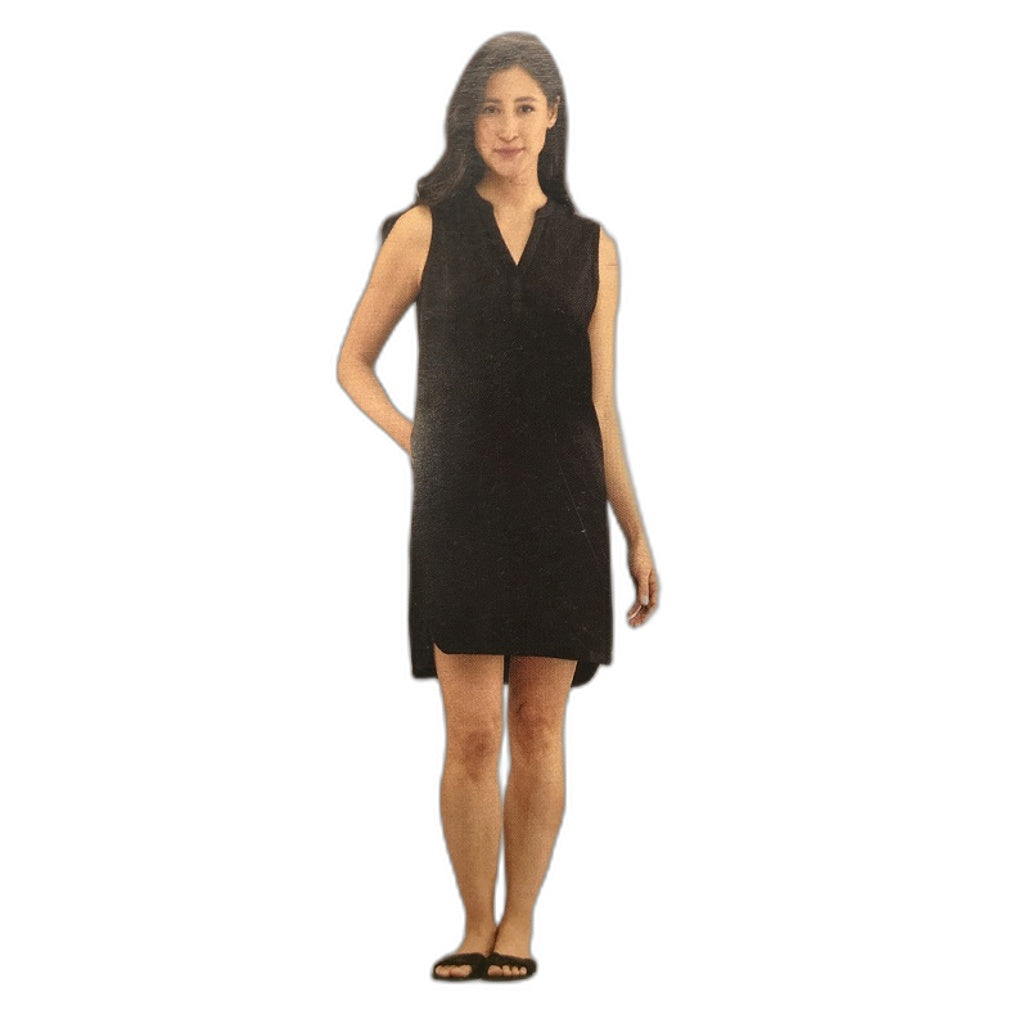 Serra Linen Blend Black Sleeveless V Neck Mid Thigh Dress Ladies NEW