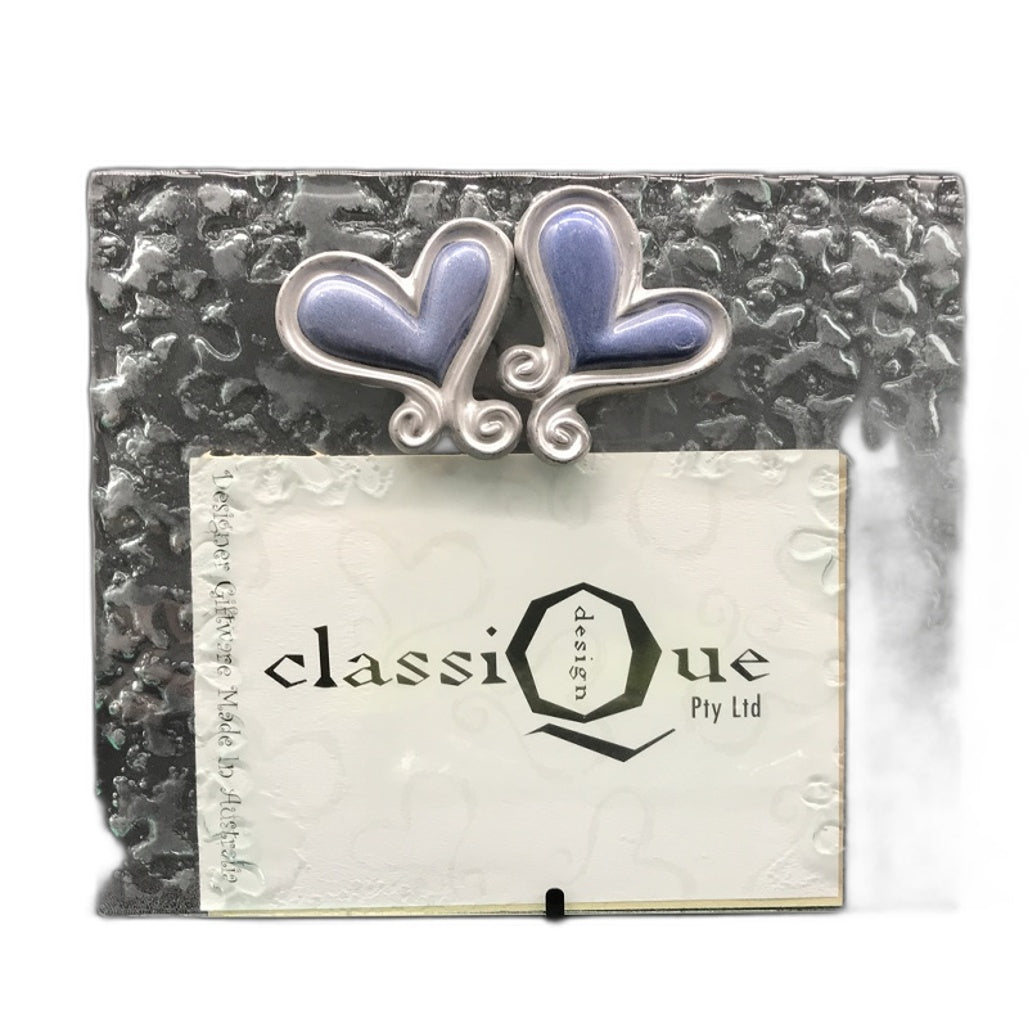 Classique Design Horizontal Glass Photo Frame Blue & Silver Heart Themed NEW