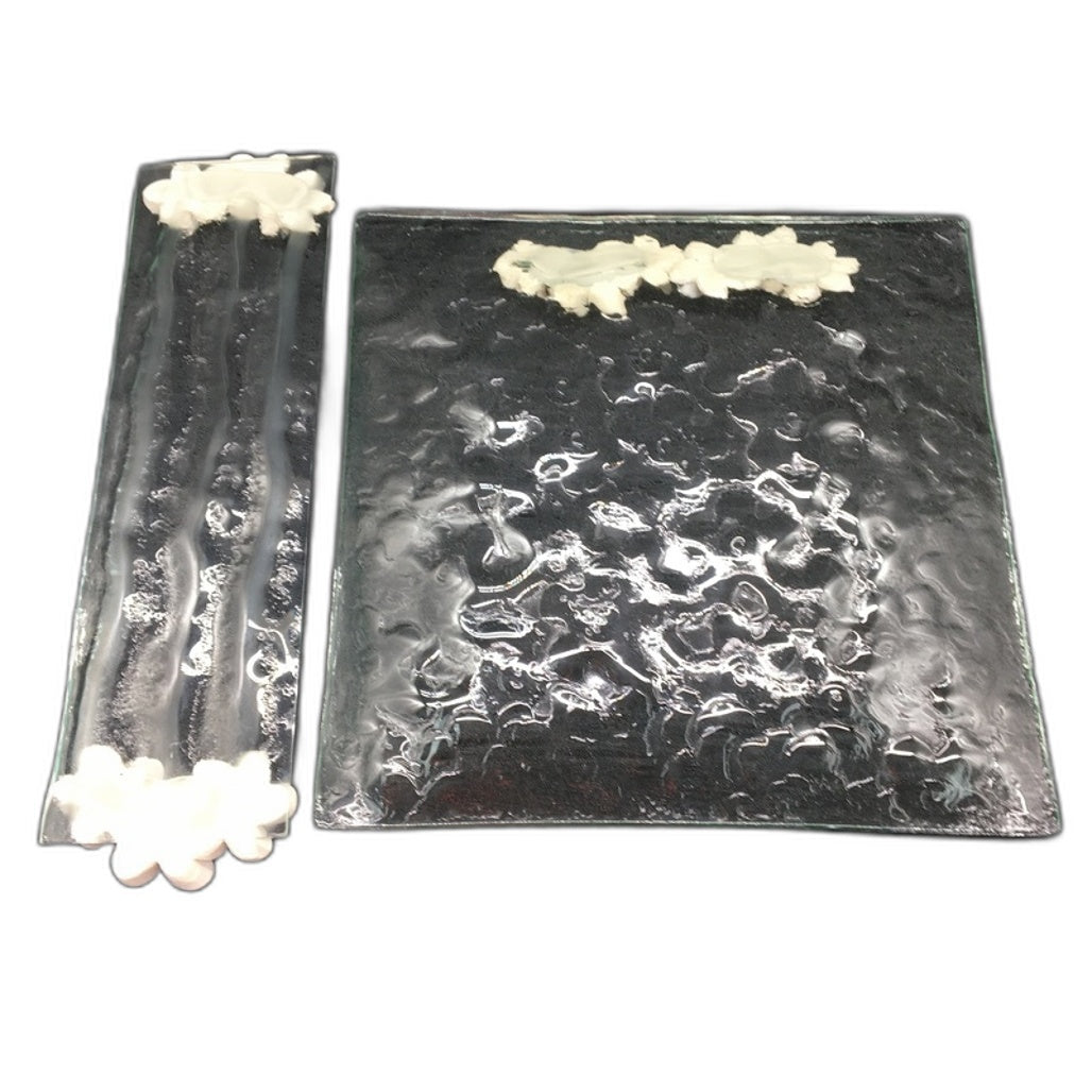 Classique Design 3 Pce Glassware Home Decor Plate Set White Hibiscus Floral NEW