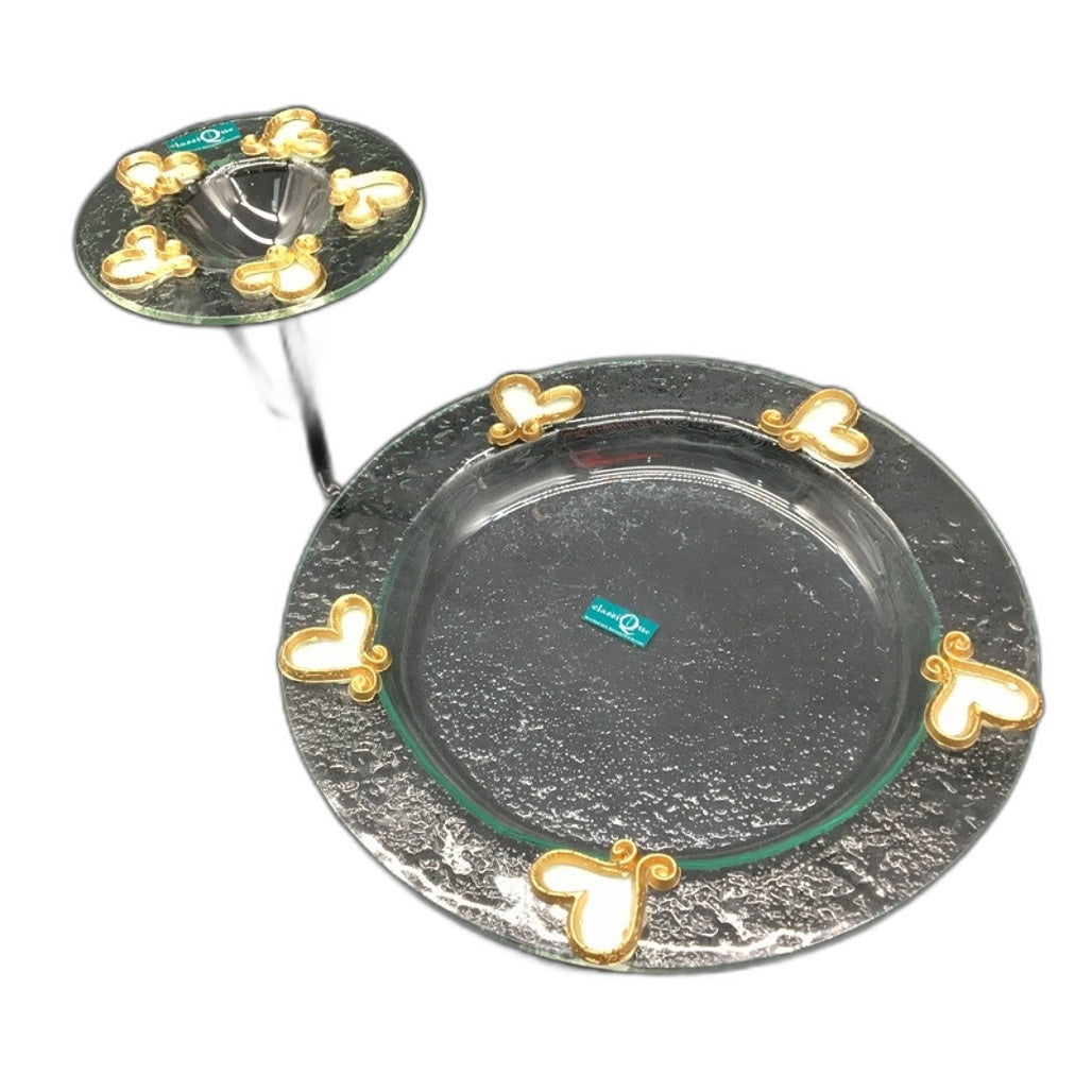 Classique Design 2 Pce Glass Plate&Candle Warmer Gold&White Iridescent Heart NEW