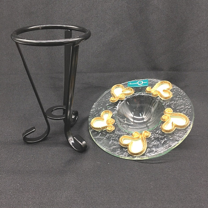 Classique Design 2 Pce Glass Plate&Candle Warmer Gold&White Iridescent Heart NEW