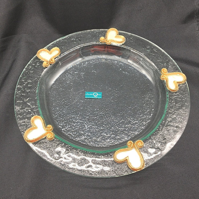 Classique Design 2 Pce Glass Plate&Candle Warmer Gold&White Iridescent Heart NEW