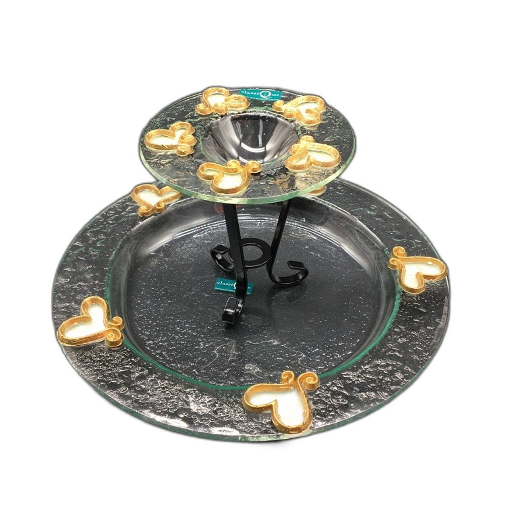 Classique Design 2 Pce Glass Plate&Candle Warmer Gold&White Iridescent Heart NEW