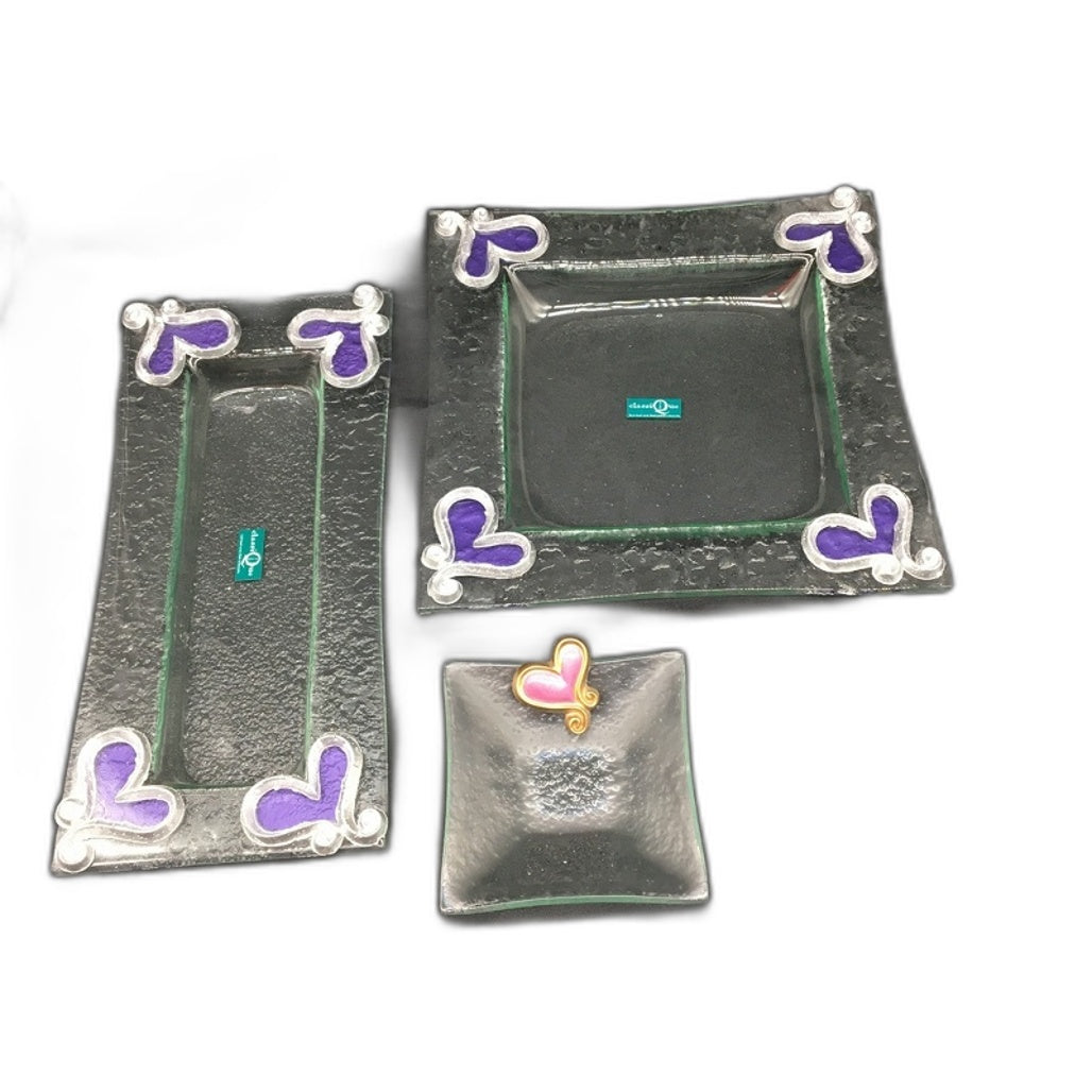 Classique Design 3 Piece Plate Set Silver & Purple Hearts Theme Home Decor NEW