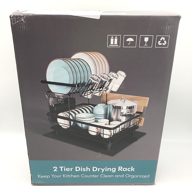 Large 2 Tier Black Dish Drying Rack with Drainboard Set & Swivel Spout NEW