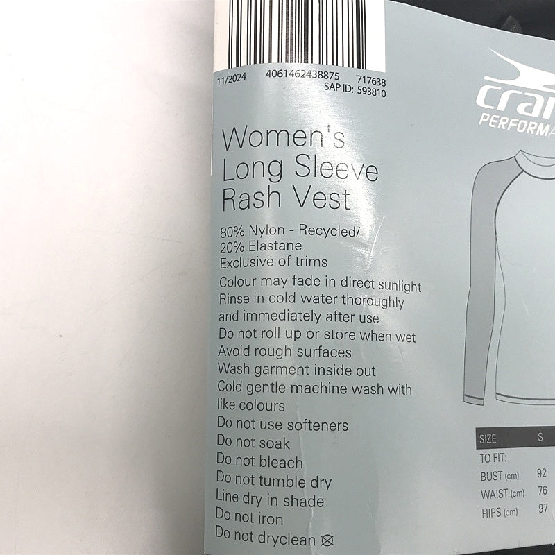 Crane UPF 50 Long Black & White Pattern Sleeve Rash Vest Ladies Size Small NEW