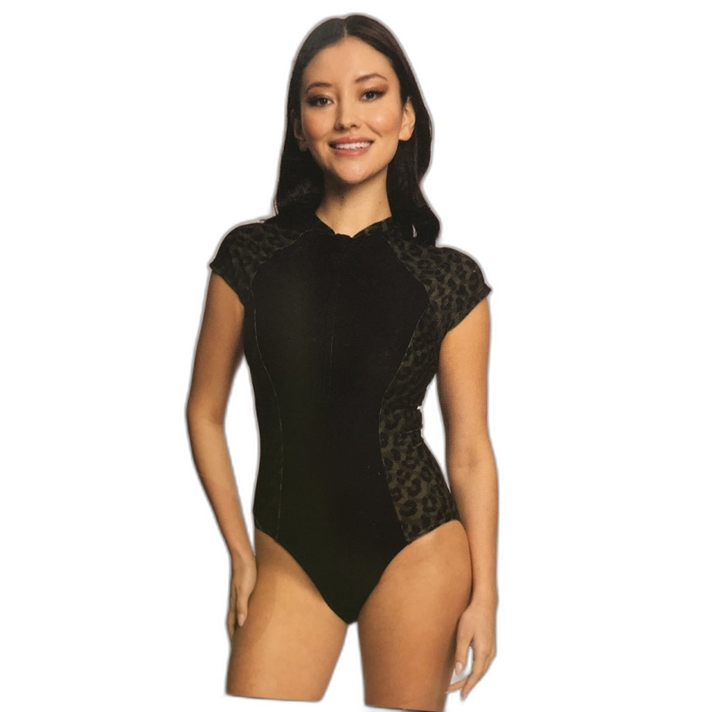 Crane Recycled Nylon Green Leopard Print Black Rashsuit Ladies Size Large NEW