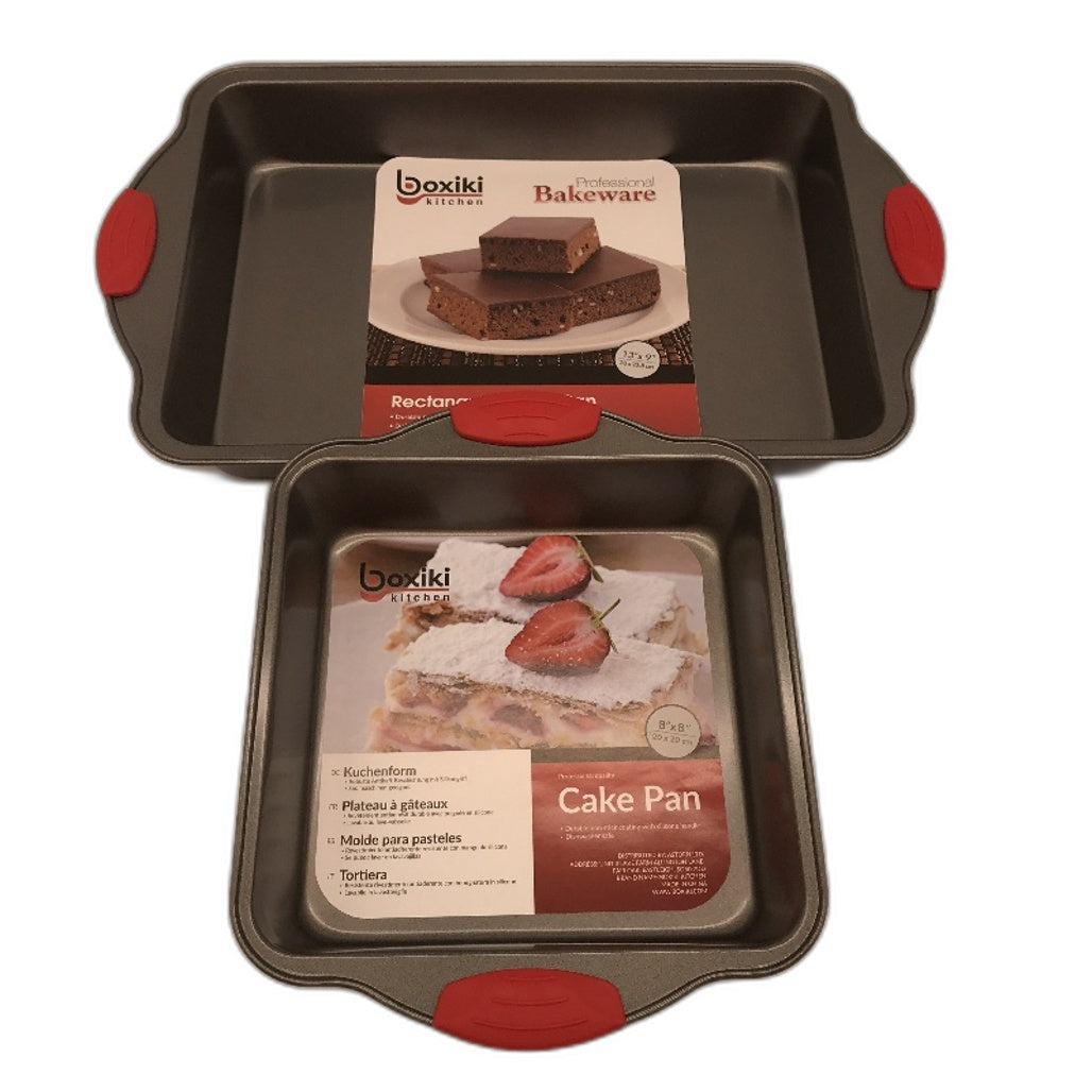 Boxiki 2 Pce Silver Cake Pans 20x20cm & 33x23cm Non Stick Steel Silicone Grips