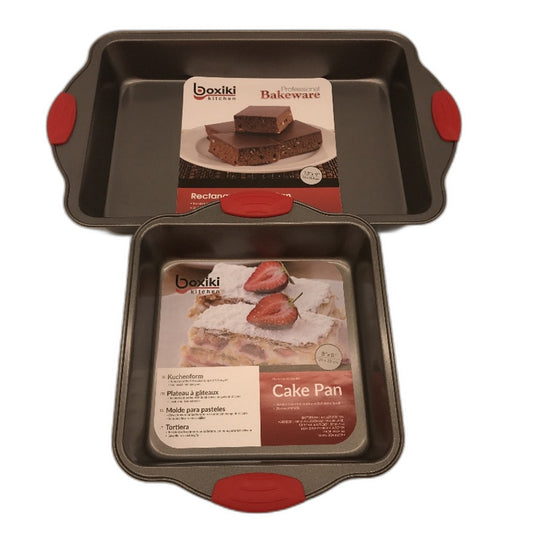 Boxiki 2 Pce Silver Cake Pans 20x20cm & 33x23cm Non Stick Steel Silicone Grips