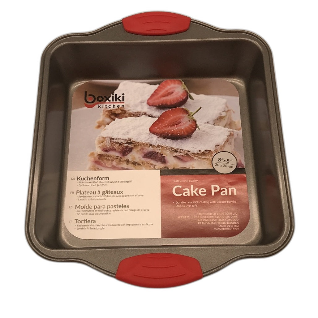 Boxiki 2 Pce Silver Cake Pans 20x20cm & 33x23cm Non Stick Steel Silicone Grips