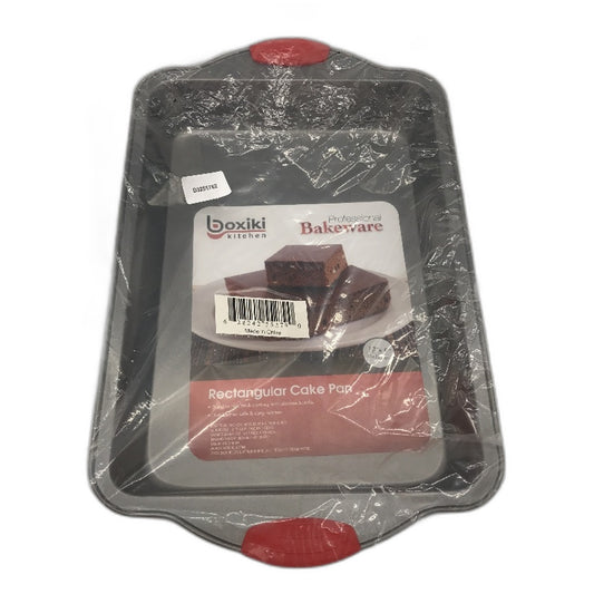 Boxiki Silver Cake Pan 33x23cm Non Stick Steel with Red Silicone Grips