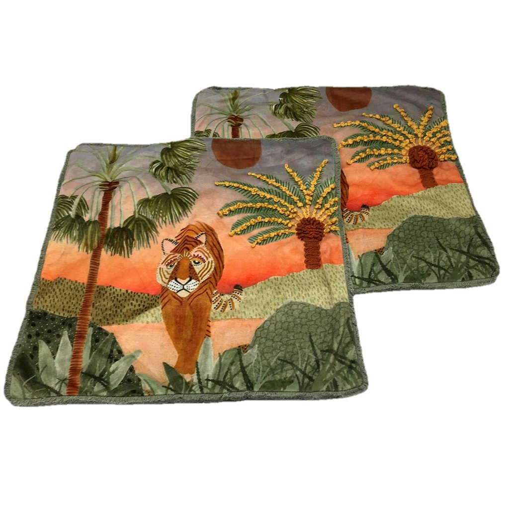 Kirkton House 2pk Jungle Tiger Velour Tufted Throw Cushion Covers NEW