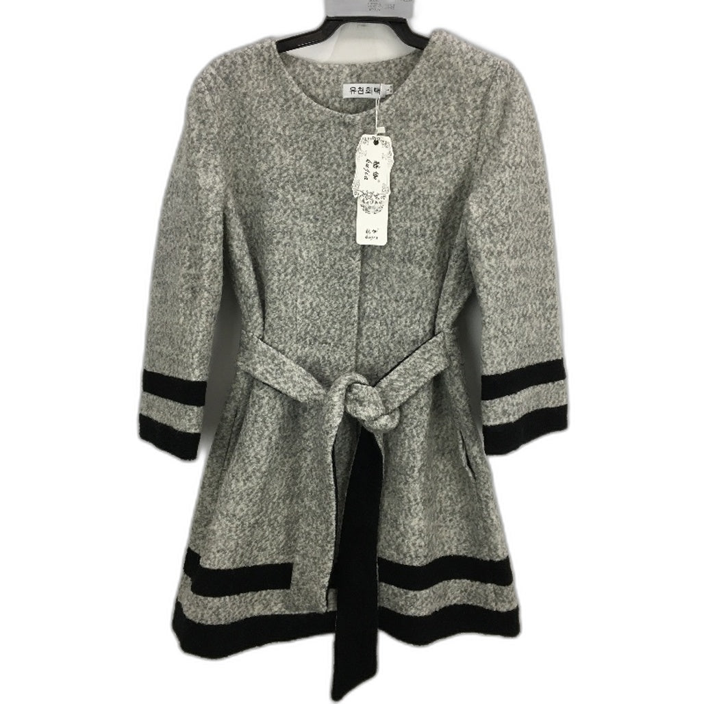 Kujia Wool Blend Grey & Black Long Flaired Belted Coat Ladies Size L NEW