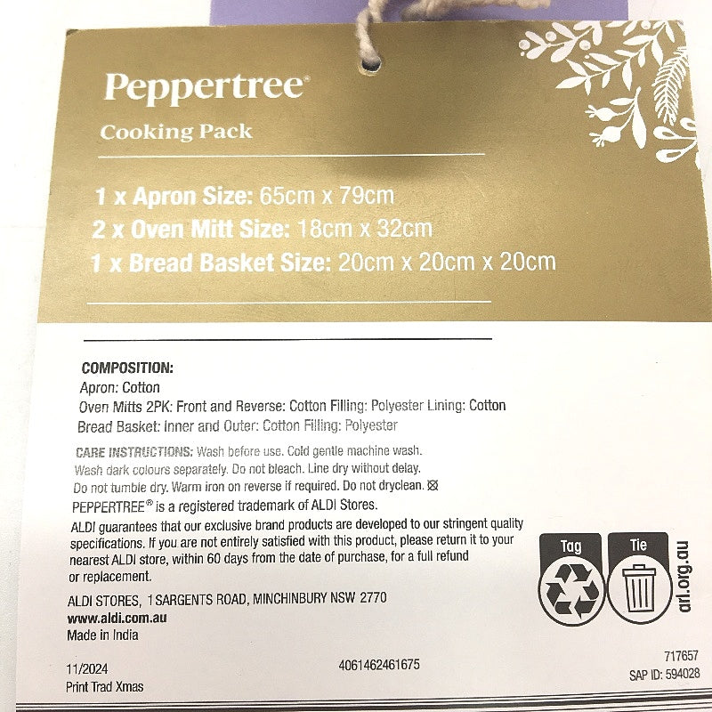 Peppertree Seasonal Collection Apron, Oven Mits & Bread Basket Cooking Pack DEMO