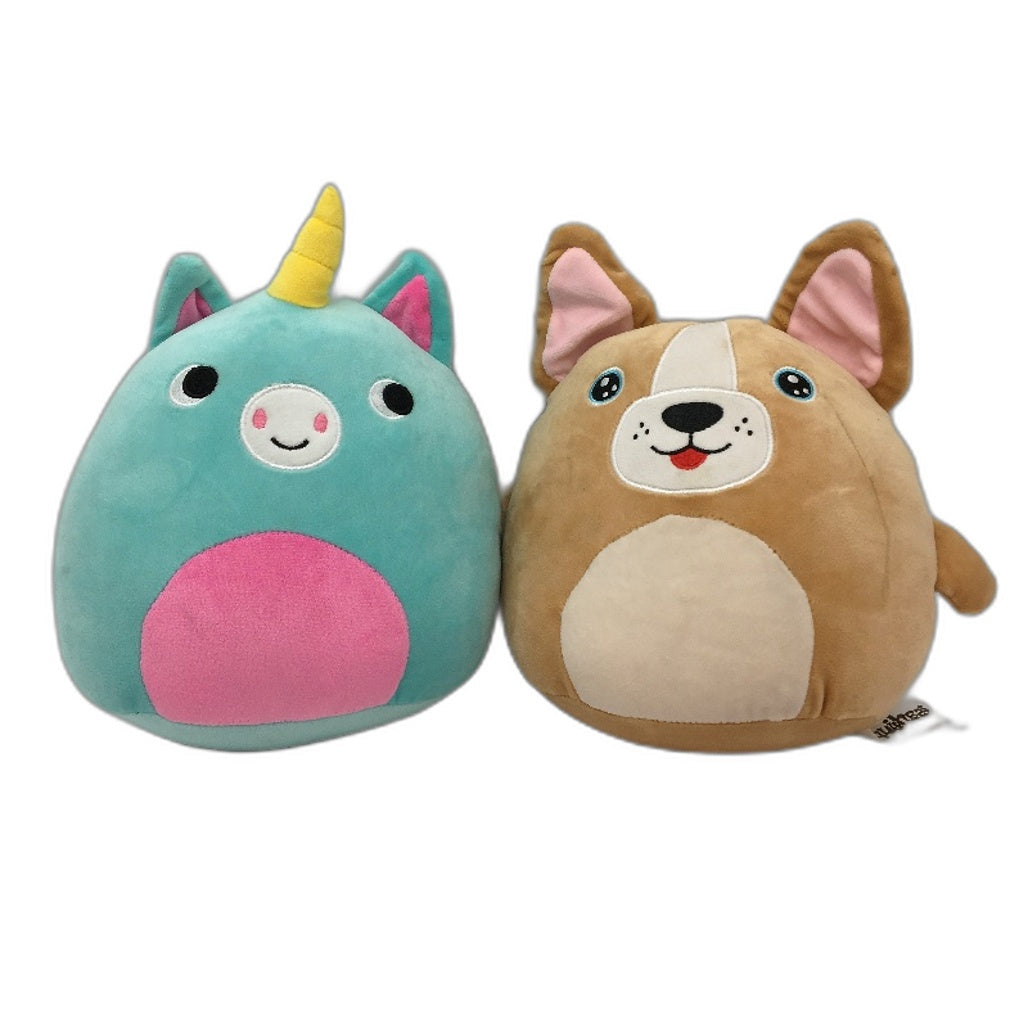 2pc 10 inch Blue Unicorn & Brown Dog Round Soft Plush Toys Multicoloured - Polyester/Elastane Durable Portable Squishees