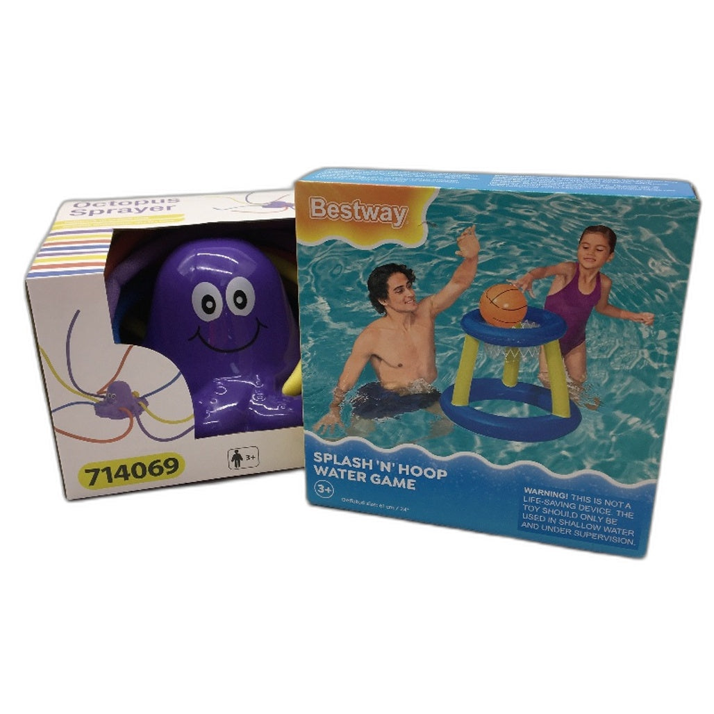 Findon Octopus Sprayer Water Toy & Bestway Splash n Hoop Pool Toy Bundle Multicoloured - Durable & Lightweight NEW
