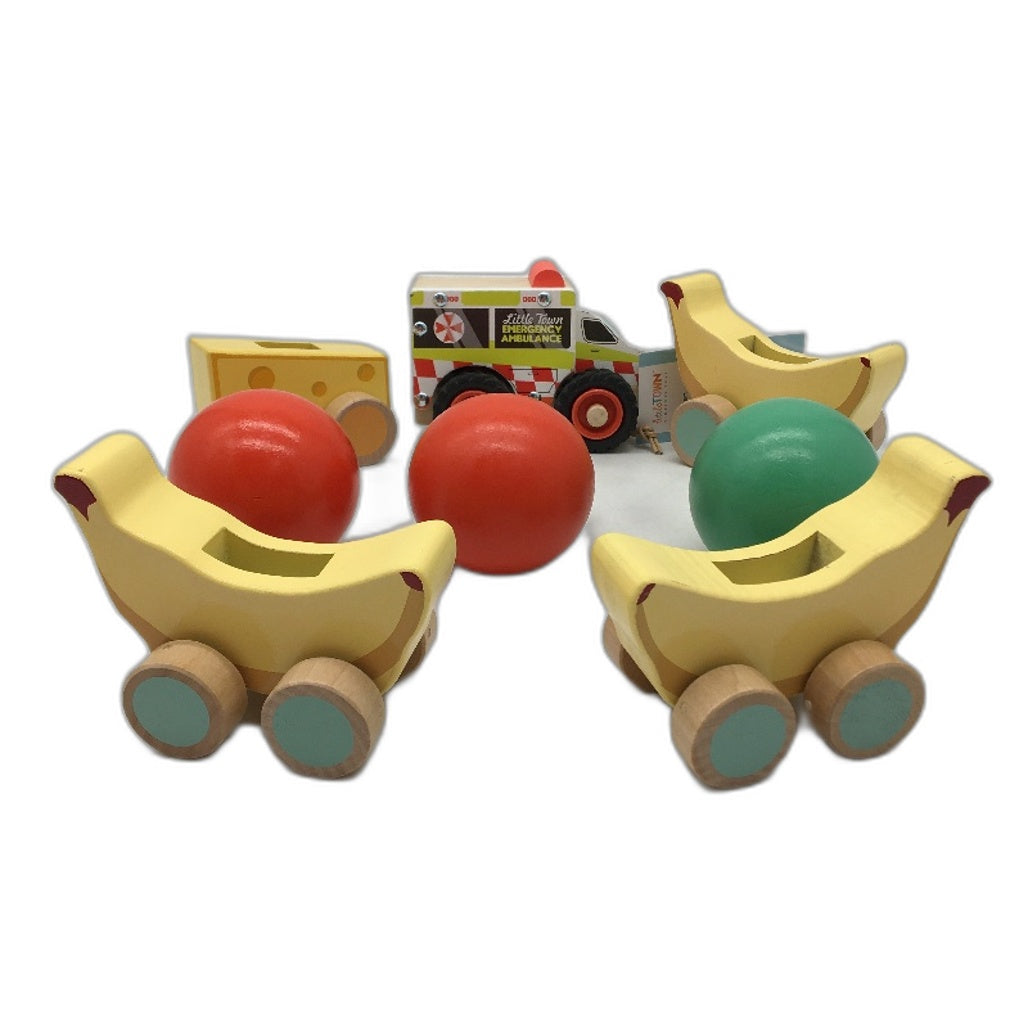 Town Little Town 8 Piece Wooden Mini Play Set With 5 Cars & 3 Balls Red Wood - Durable Lightweight Portable Little