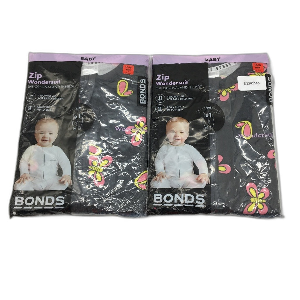 Bonds Zip Butterfly Wondersuits 2 Pce Pack 12-18 Months Baby Unisex Size 1 NEW