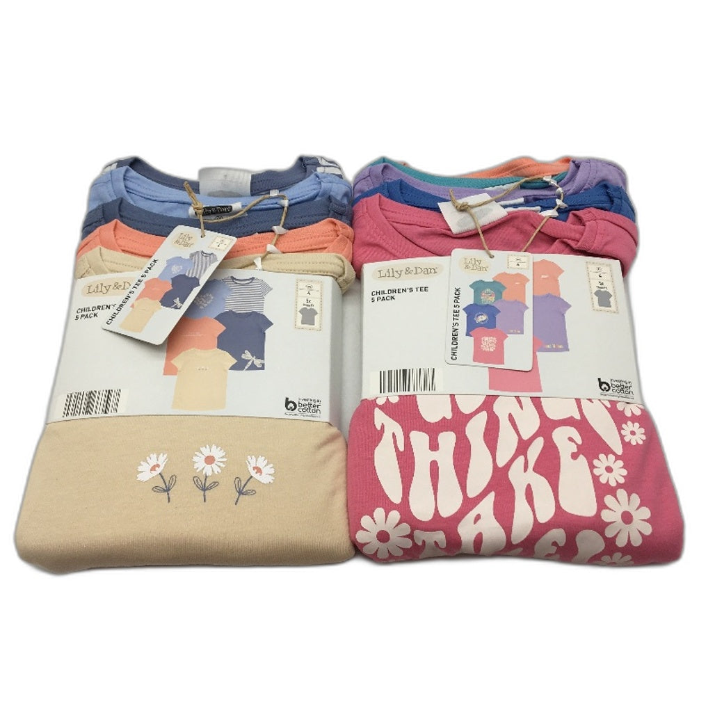 Lily & Dan 2 x 5Pks Classic Fit 100% Cotton Mutlicoloured Girls Tees Size 4 NEW