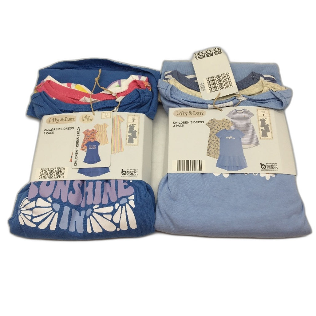 Lily & Dan 2 x 3Pks Fit & Flare 100% Cotton Mutlicoloured Girls Dresses Sz 2 NEW