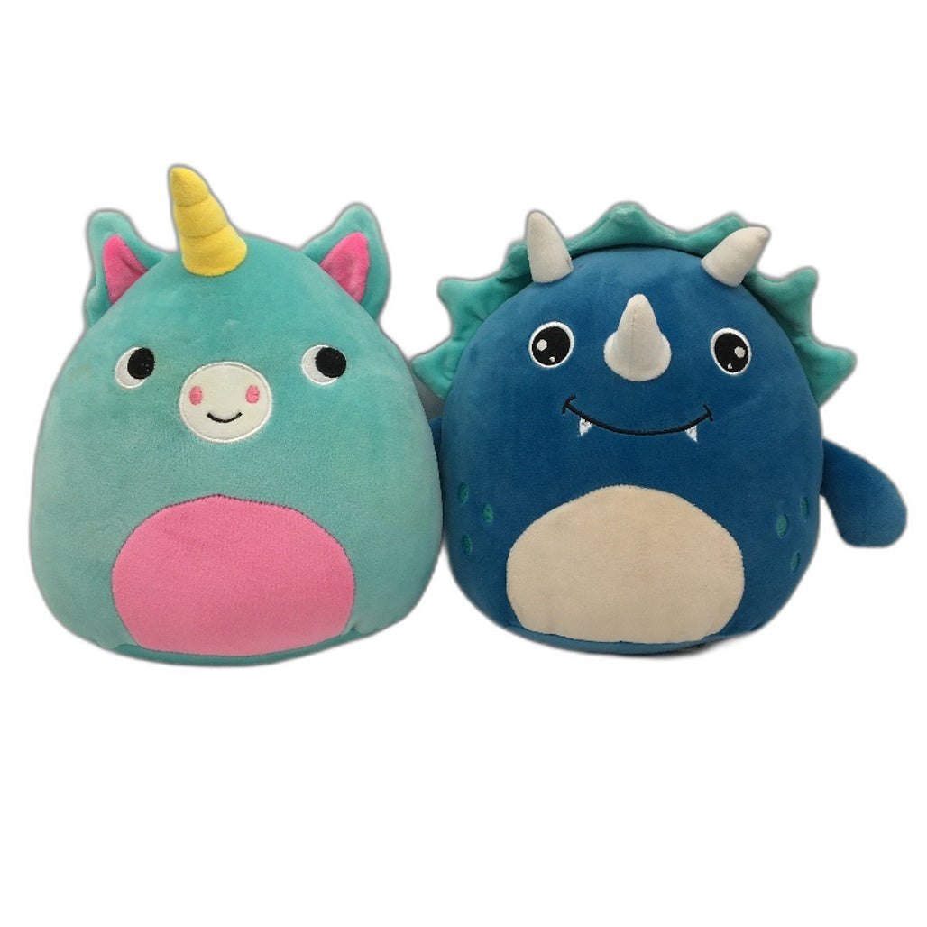 2 Pack Blue Dinosaur & Unicorn Rounded Soft Plush Toys Collectables Multicoloured - Polyester Durable Lightweight Design Squishees