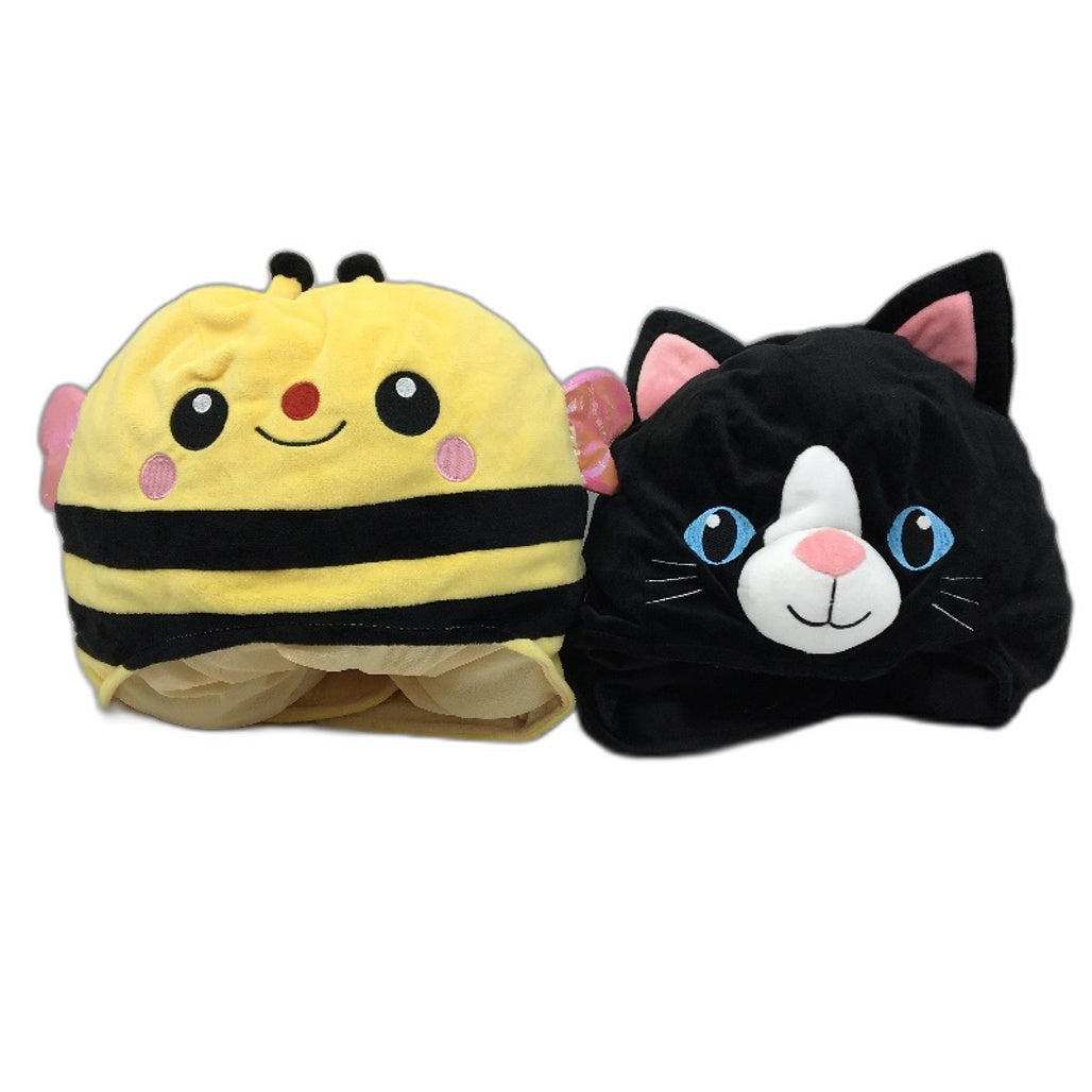 2 Pcs Plushy Soft Black Cat & Bumble Bee Hats Ages 4 & Up NEW