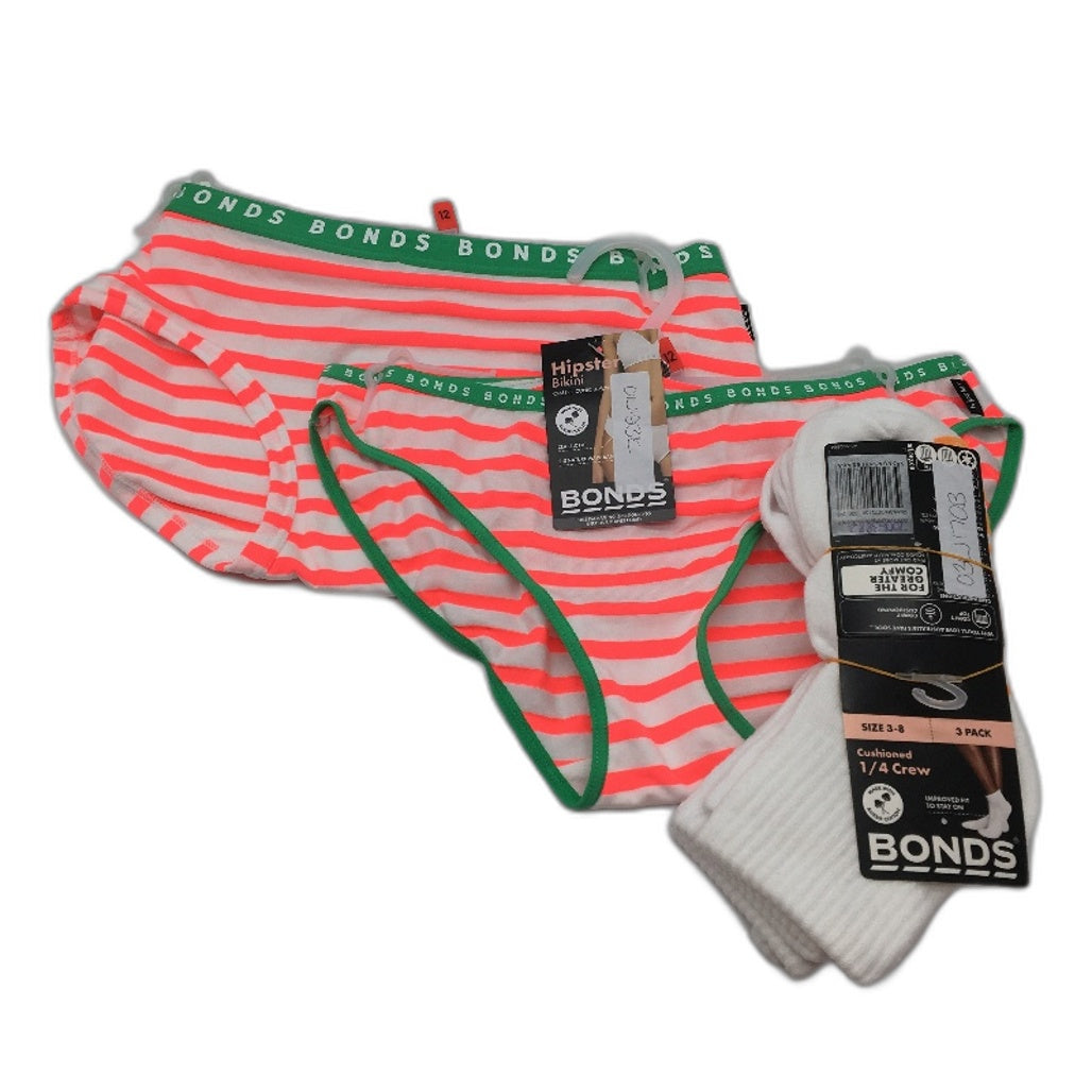 Bonds 2 Pce Stripe Hipster & Bikini Underwear 3 Pce Sock Pack Ladies Size 12 NEW