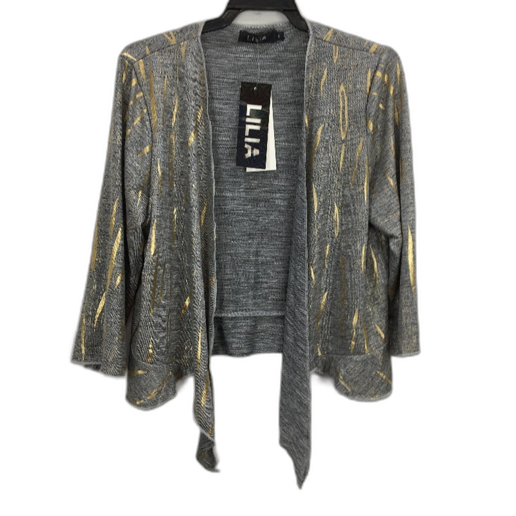 Lilia Lightweight Knit Cardigan Long Sleeve Grey And Gold NEW