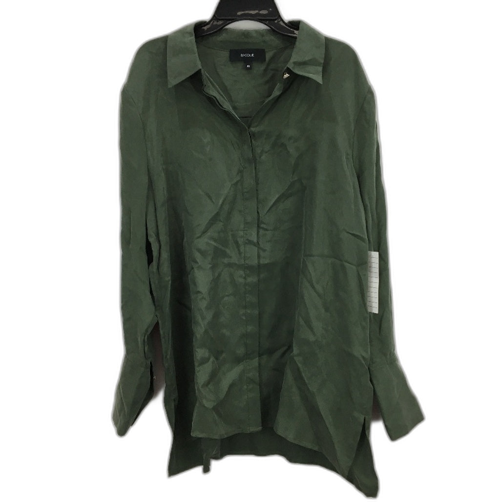 Basque Green Long Sleeve Buton Up Satin Like Collared Shirt NEW