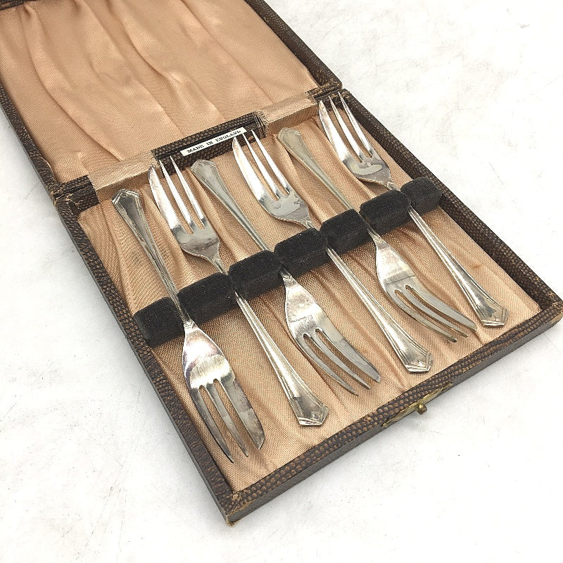 ANTIQUE Made In England 6 Pce Silver EPNS Plated Entree Fork Set In Original Box