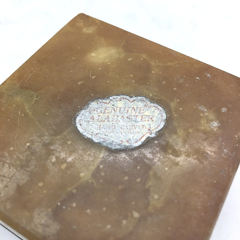 VINTAGE Hand Carved Genuine Alabaster Stone Brown & Floral Hinged Trinket Box