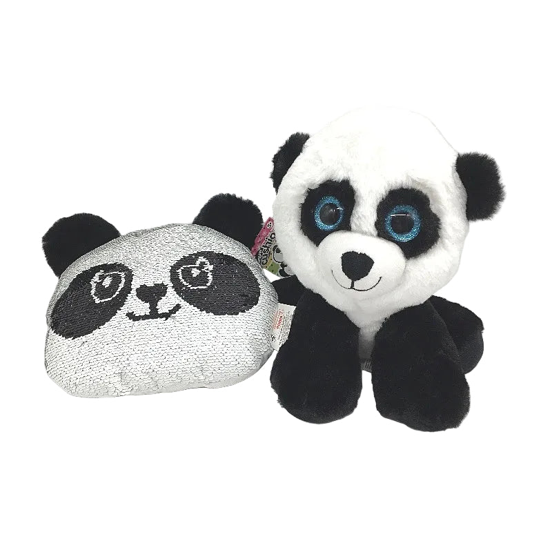 Panda 2 Pack Bundle Fluffy Sitting Plush Toy & Mini Sequin Cushion Age 5Y+ NEW