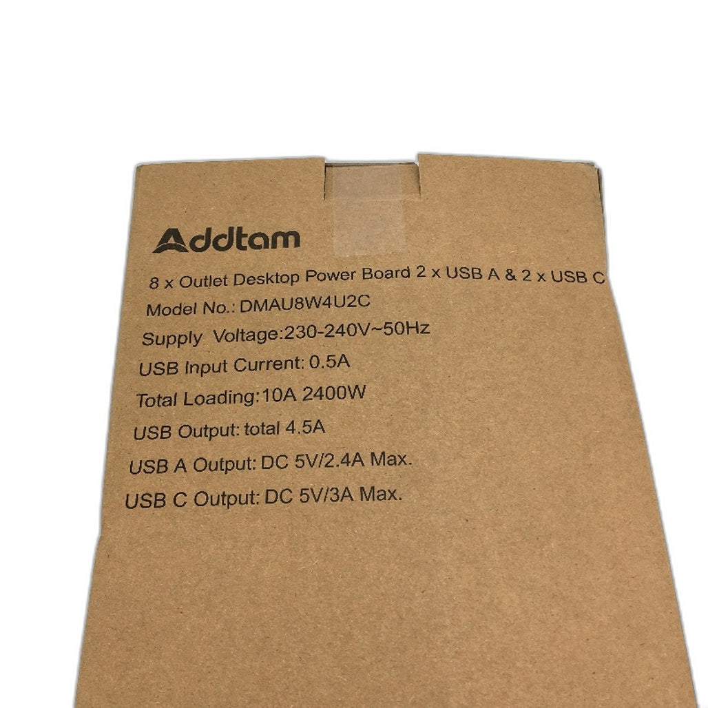 Addtam Surge Protector Power Board Strip 8 Outlets 2x USB & USBC With Switch NEW