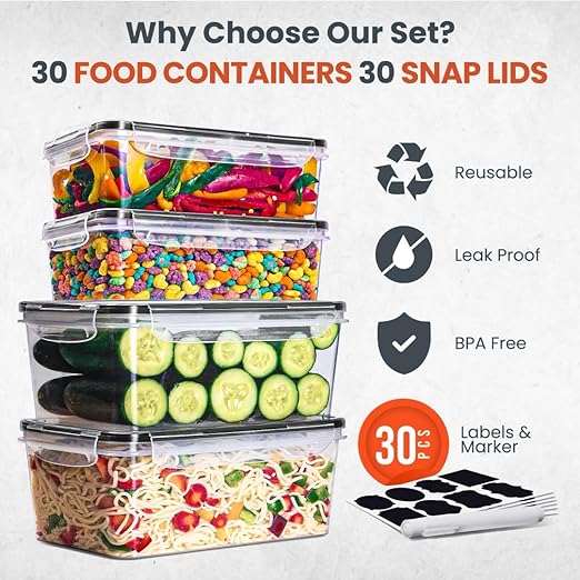 RFAQK 60 Piece Reusable BPA Free Plastic Meal Prep Food Storage Containers NEW