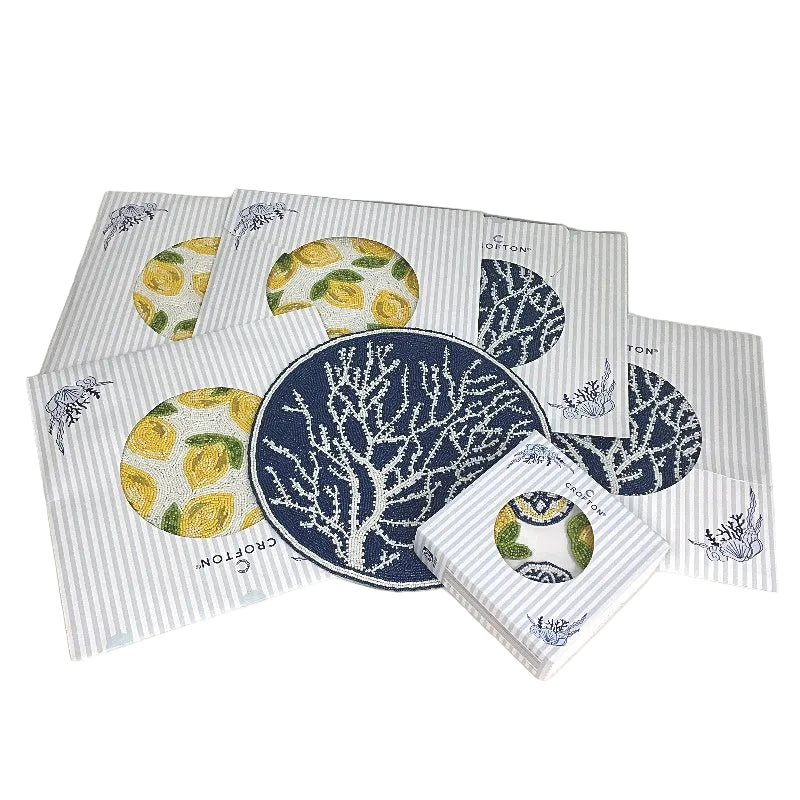 Crofton Beaded Blue & Lemons 6 Placemat & 4 Matching Napkin Ring Holder Set NEW