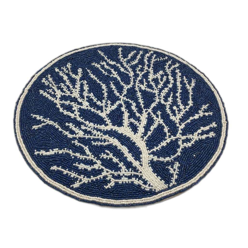 Crofton Beaded Blue & Lemons 6 Placemat & 4 Matching Napkin Ring Holder Set NEW