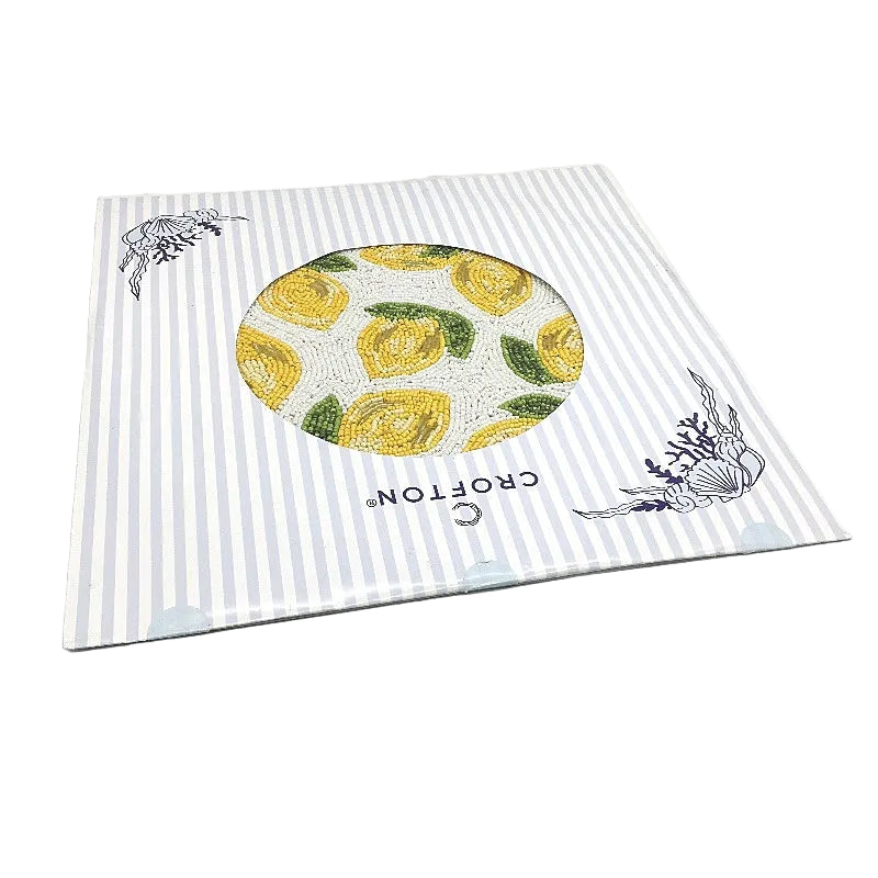 Crofton Beaded Blue & Lemons 6 Placemat & 4 Matching Napkin Ring Holder Set NEW