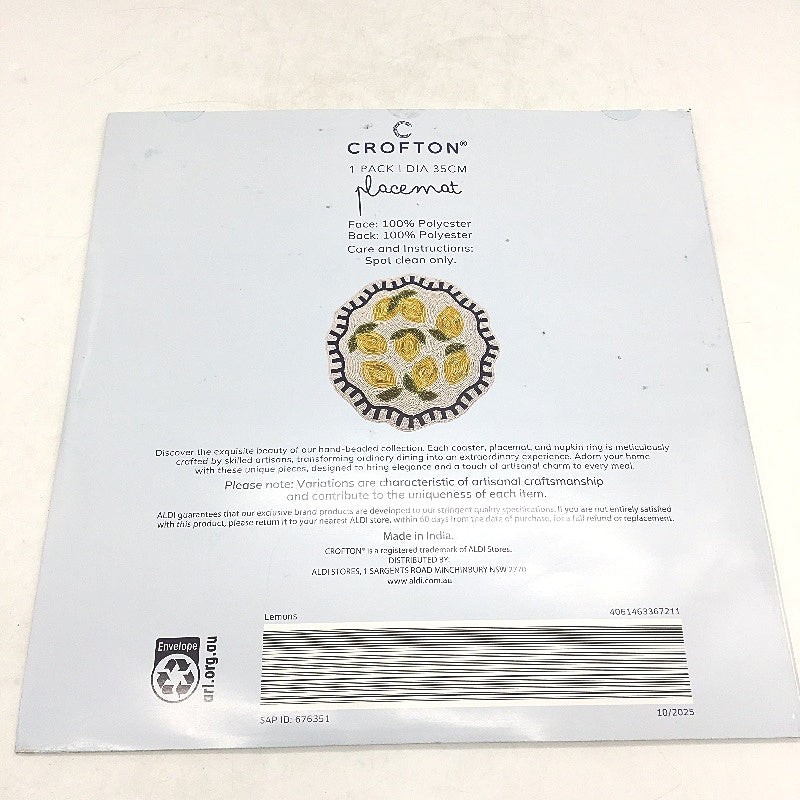 Crofton Beaded Blue & Lemons 6 Placemat & 4 Matching Napkin Ring Holder Set NEW