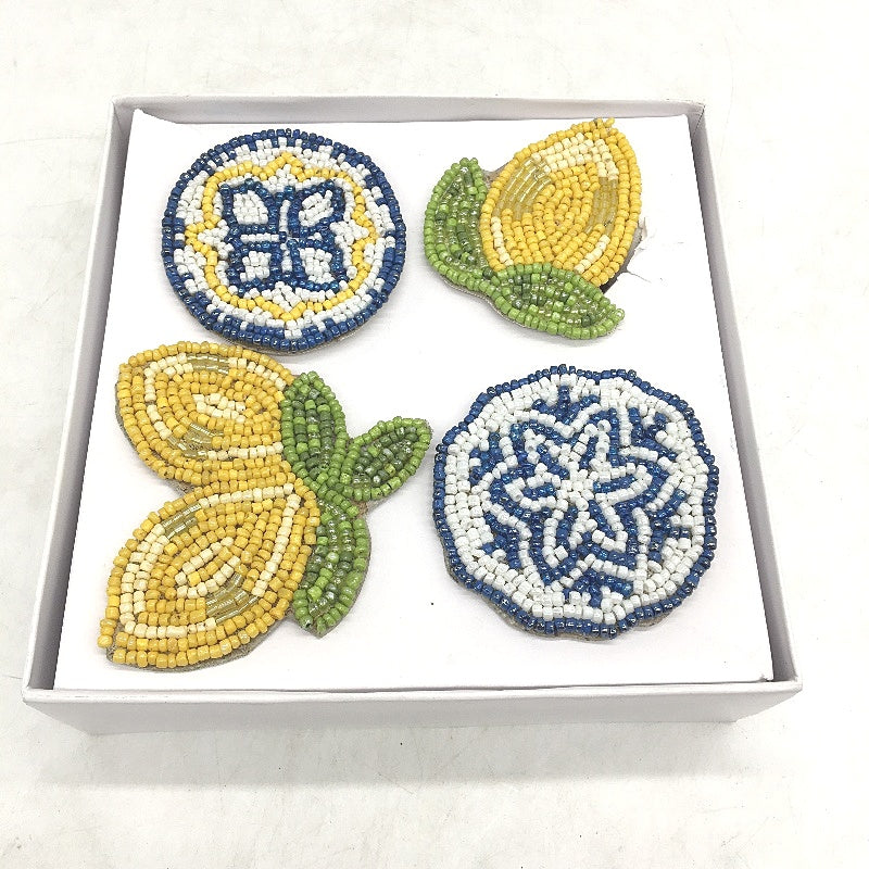 Crofton Beaded Blue & Lemons 6 Placemat & 4 Matching Napkin Ring Holder Set NEW