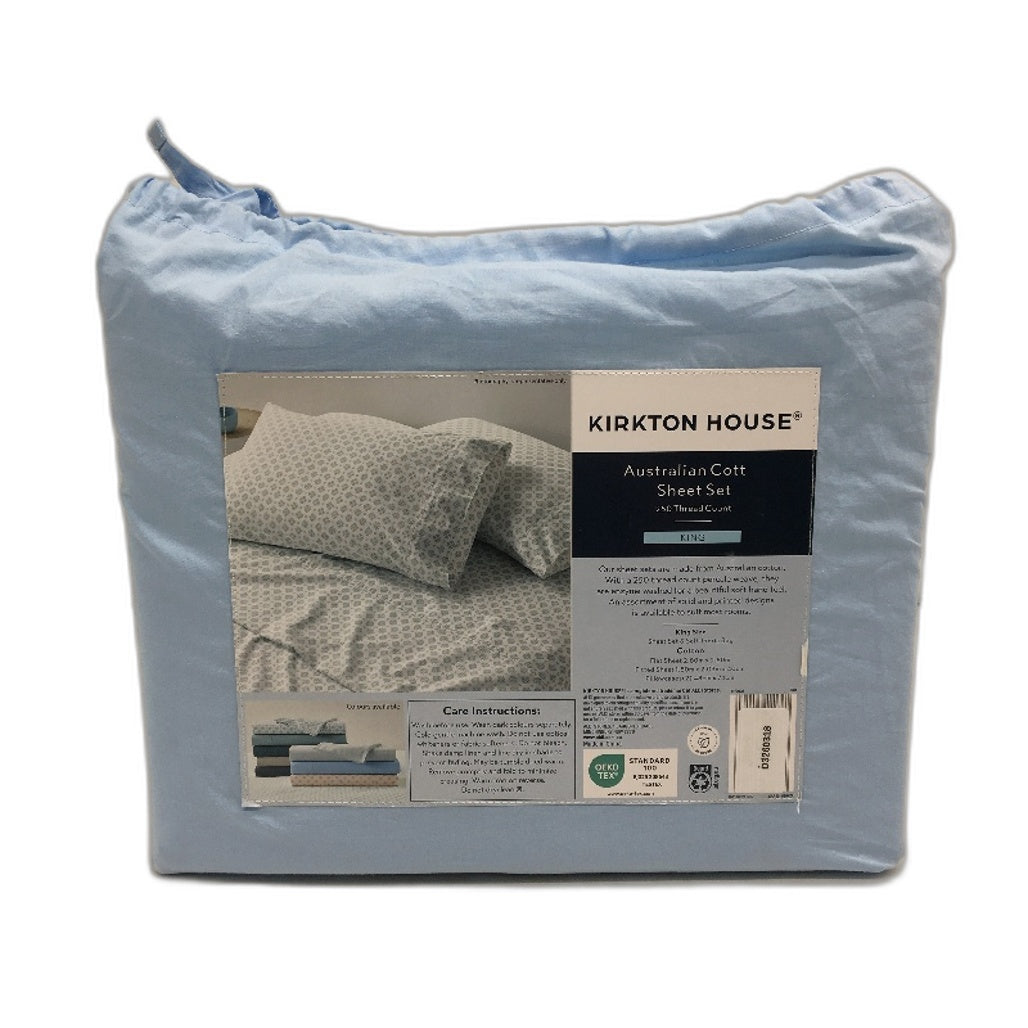 Kirkton House Light Blue 250 TC Australian Cotton Fitted Sheet Set KING Size NEW