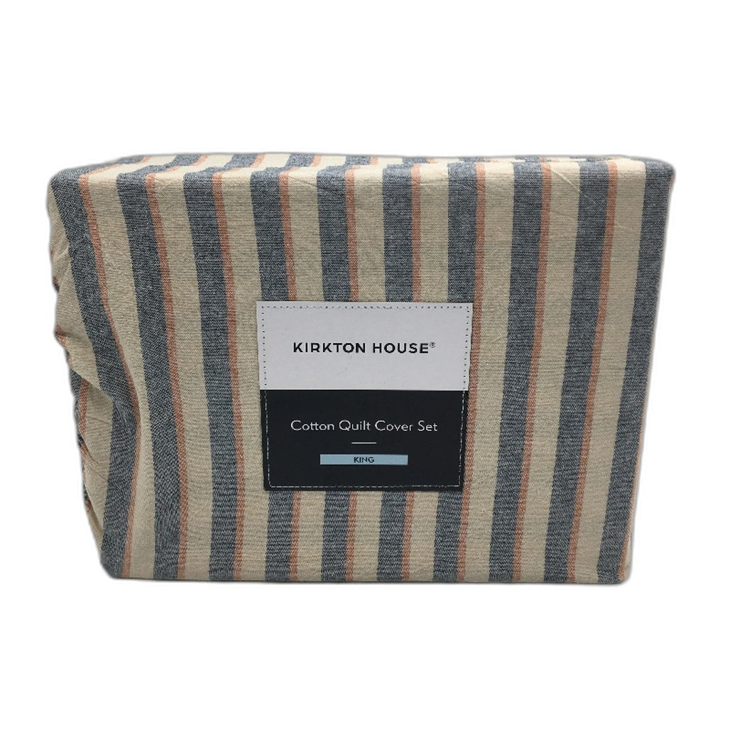 Kirkton House Navy & Tan Ruffle Edge 100% Cotton Quilt Cover Set KING Size NEW