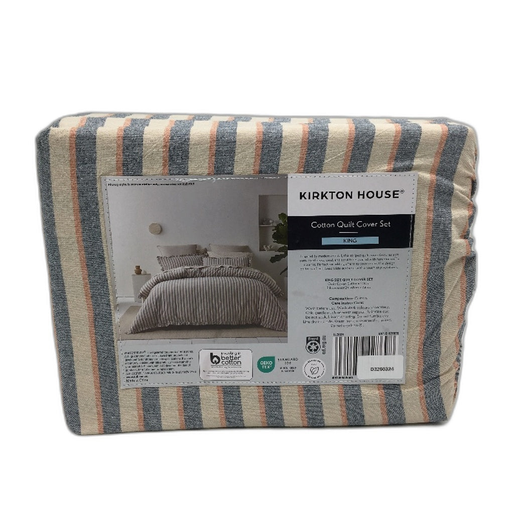Kirkton House Navy & Tan Ruffle Edge 100% Cotton Quilt Cover Set KING Size NEW