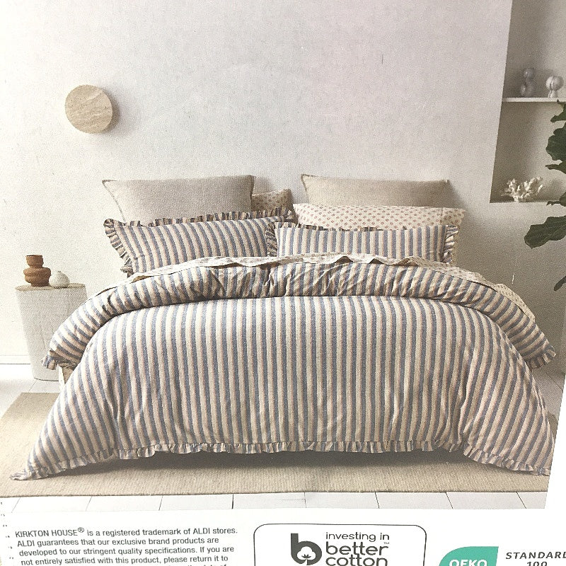 Kirkton House Navy & Tan Ruffle Edge 100% Cotton Quilt Cover Set KING Size NEW