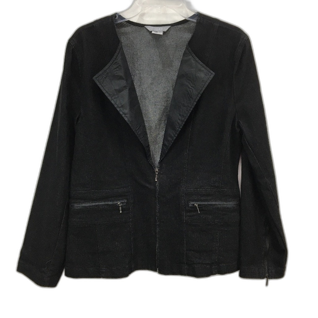 Liz Jordan Cotton Blend Black Denim Zip Up Lapel Collared Jacket Ladies Size S