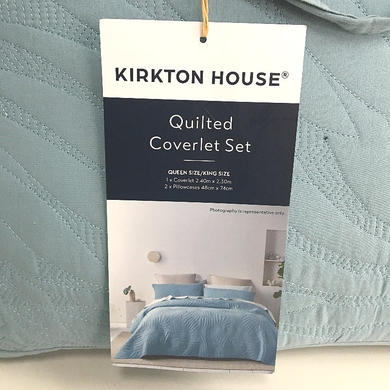 Kirkton House Light Blue Floral Stitch Quilted Coverlet Set QUEEN/KING Sized NEW