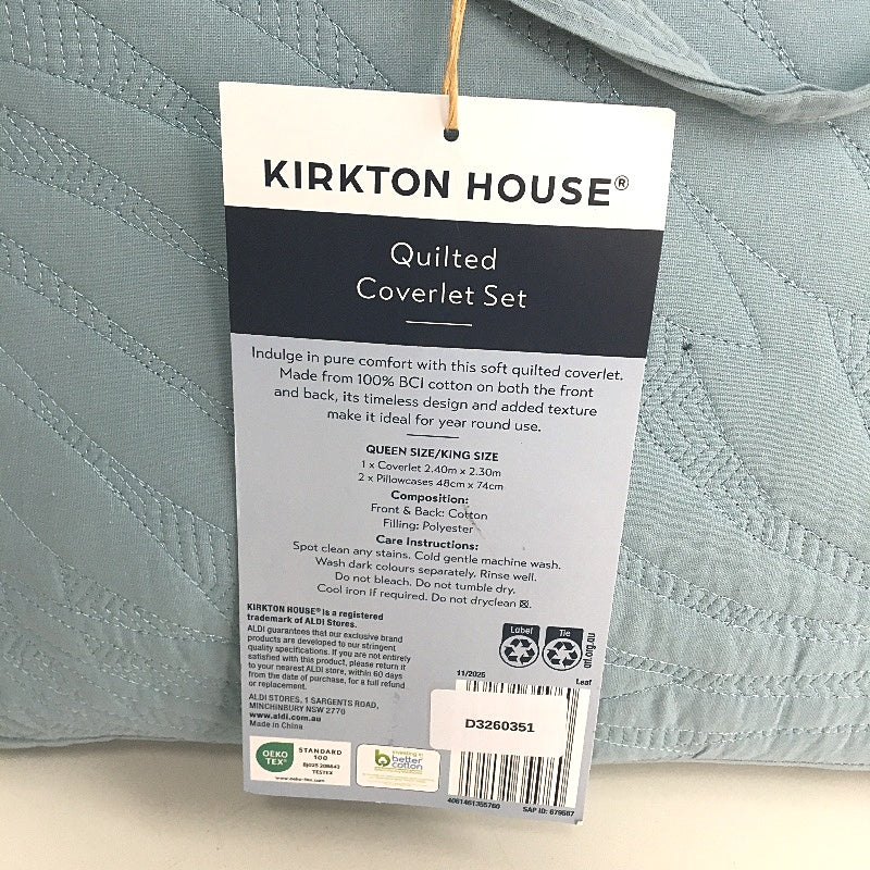 Kirkton House Light Blue Floral Stitch Quilted Coverlet Set QUEEN/KING Sized NEW