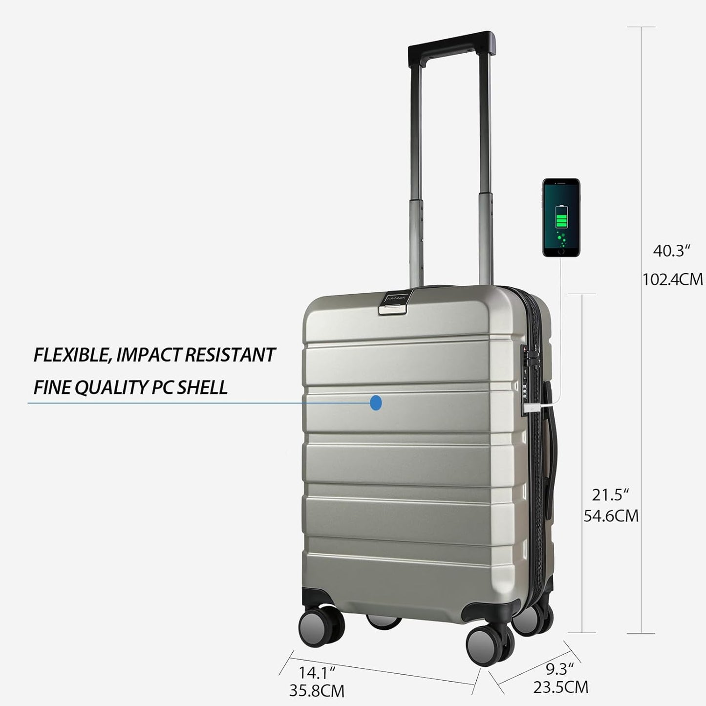 Kroser 20" Carry On Silver USB Port Hardshell Luggage Suitcase TSA Lock NEW